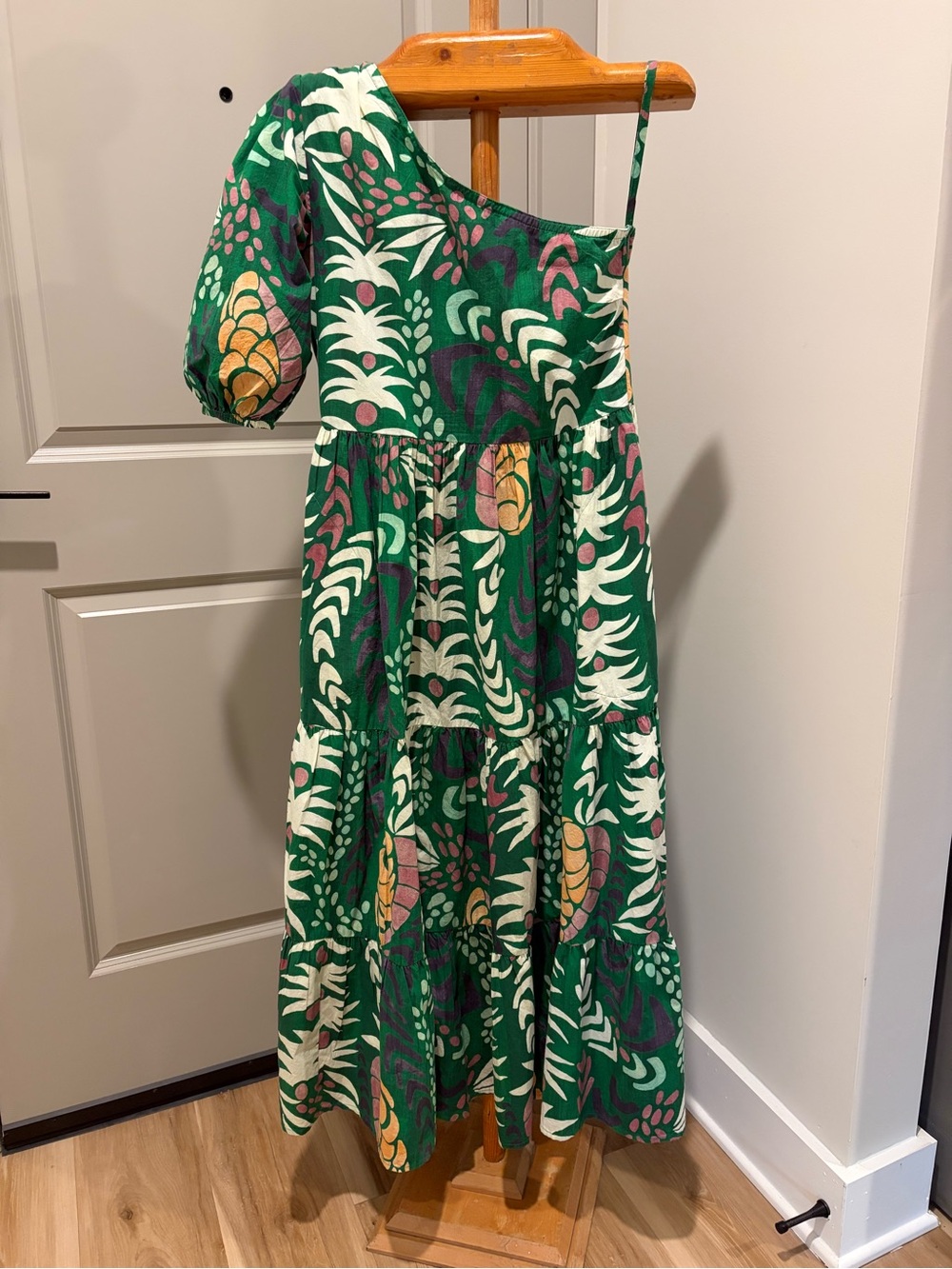 Oliphant One Shoulder Cotton Maxi Dress in Polly Green Tropical Size Small